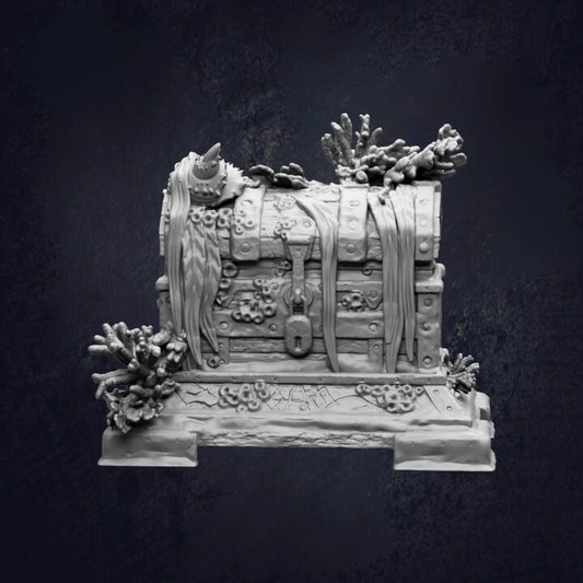 A detailed 3D model of a treasure chest, adorned with various marine elements such as seaweed, coral, and other natural materials, set against a dark background.