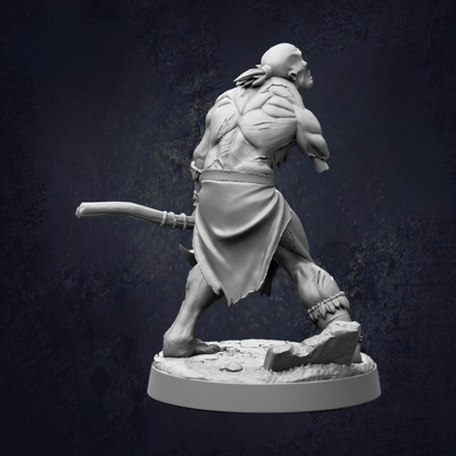 A black and white 3D model of a muscular warrior figure, holding a weapon and standing on a rocky base.