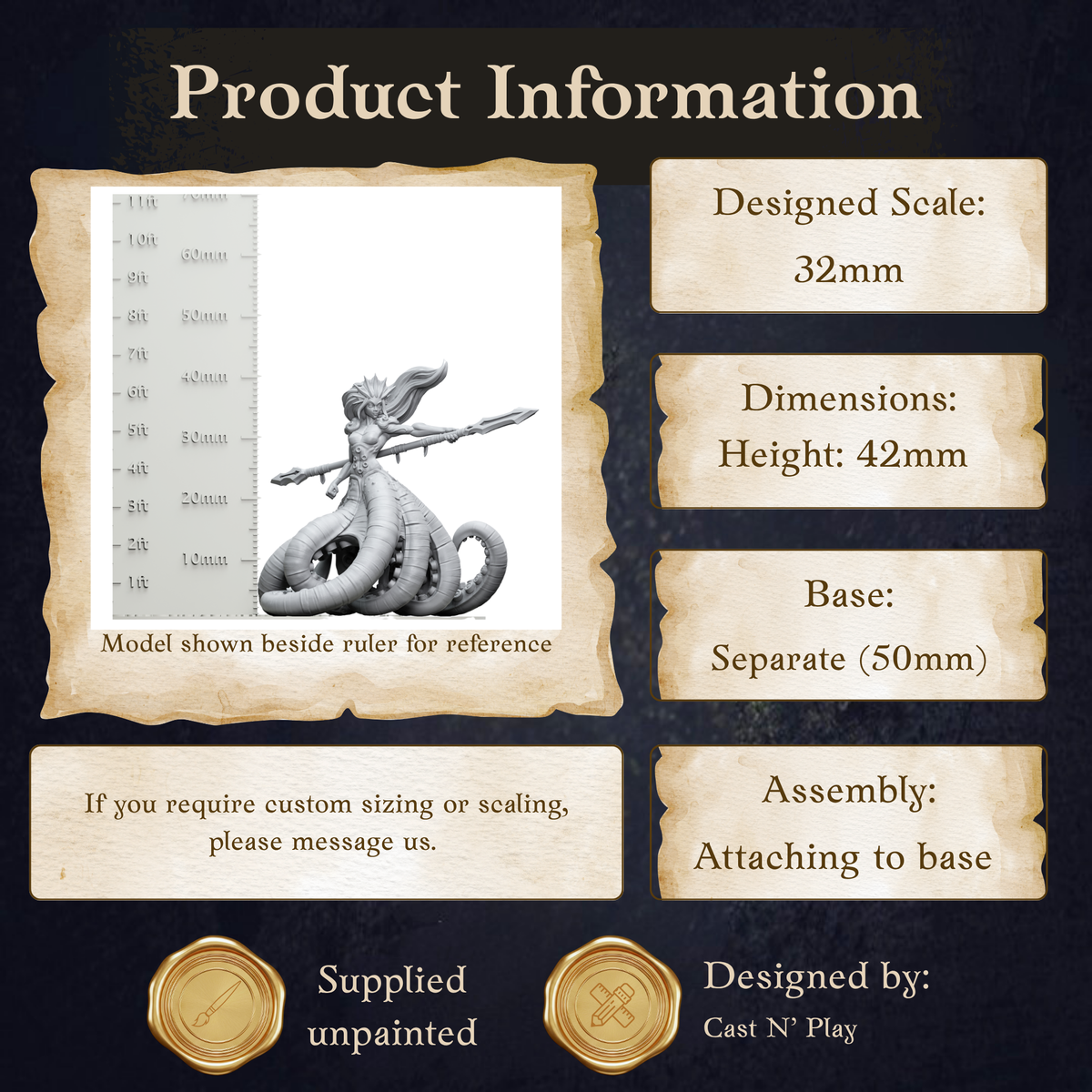 The image is a product information page for a model, specifically a model shown beside a ruler for reference. The page provides details about the model, including its dimensions, height, base, and assembly instructions.