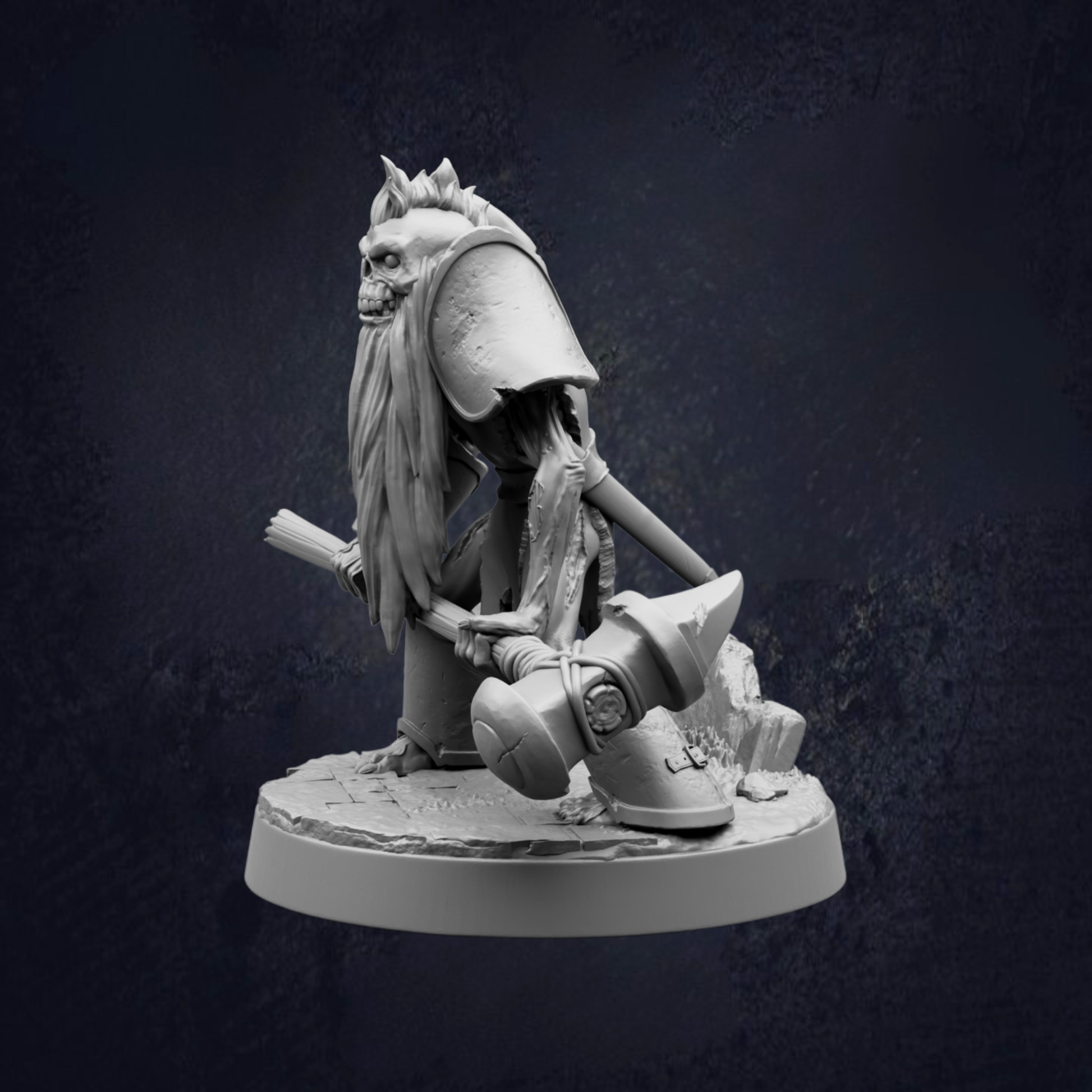 A detailed 3D model of a fantasy character, possibly a warrior or magical being, standing on a platform and holding a weapon.