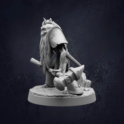 A detailed 3D model of a fantasy character, possibly a warrior or magical being, standing on a platform and holding a weapon.