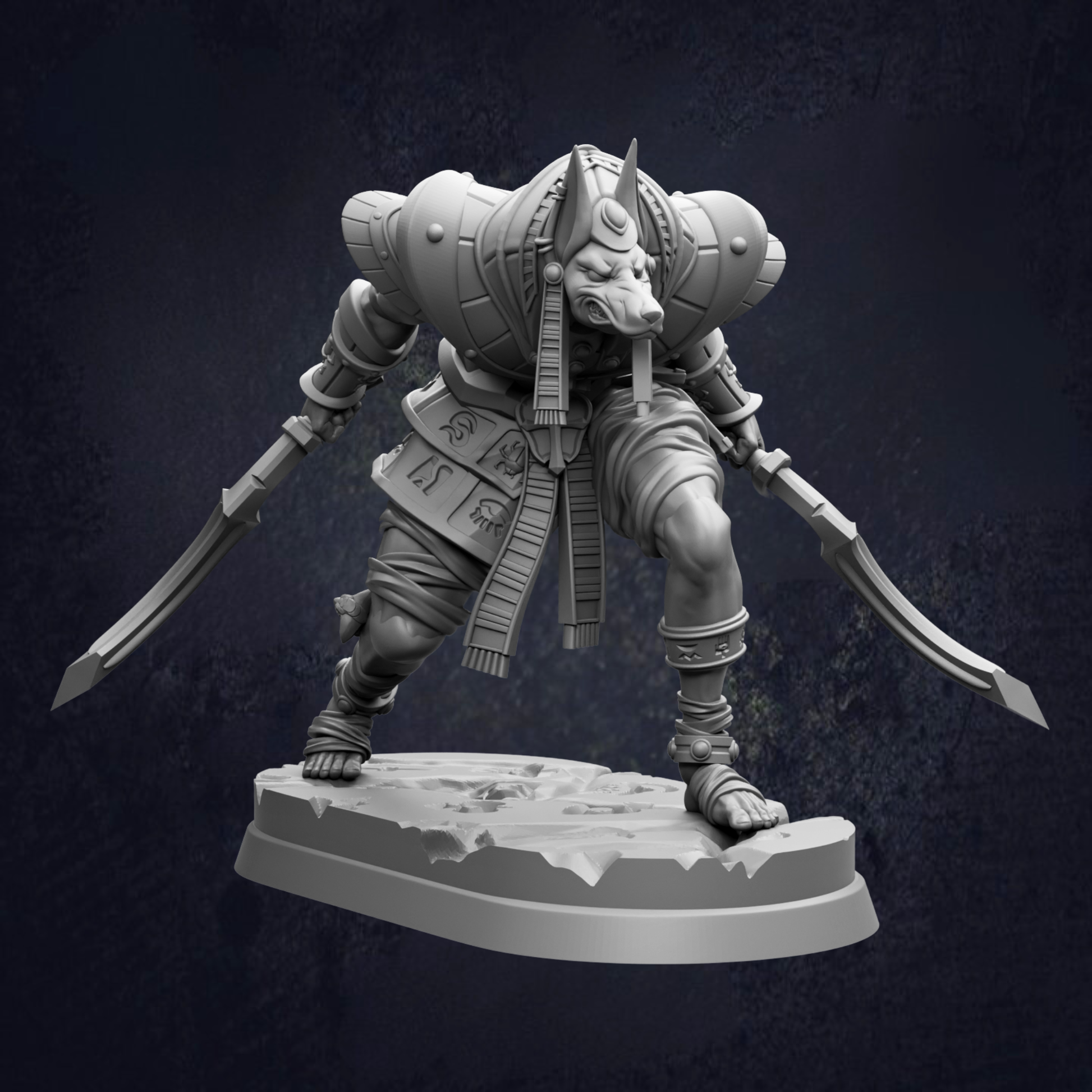 A detailed 3D model of a warrior figure, likely from a fantasy or science fiction setting, with intricate armor and weapons.