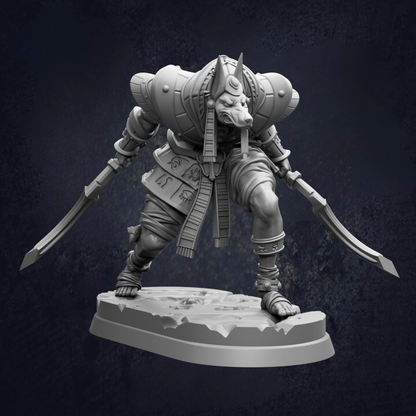 A detailed 3D model of a warrior figure, likely from a fantasy or science fiction setting, with intricate armor and weapons.