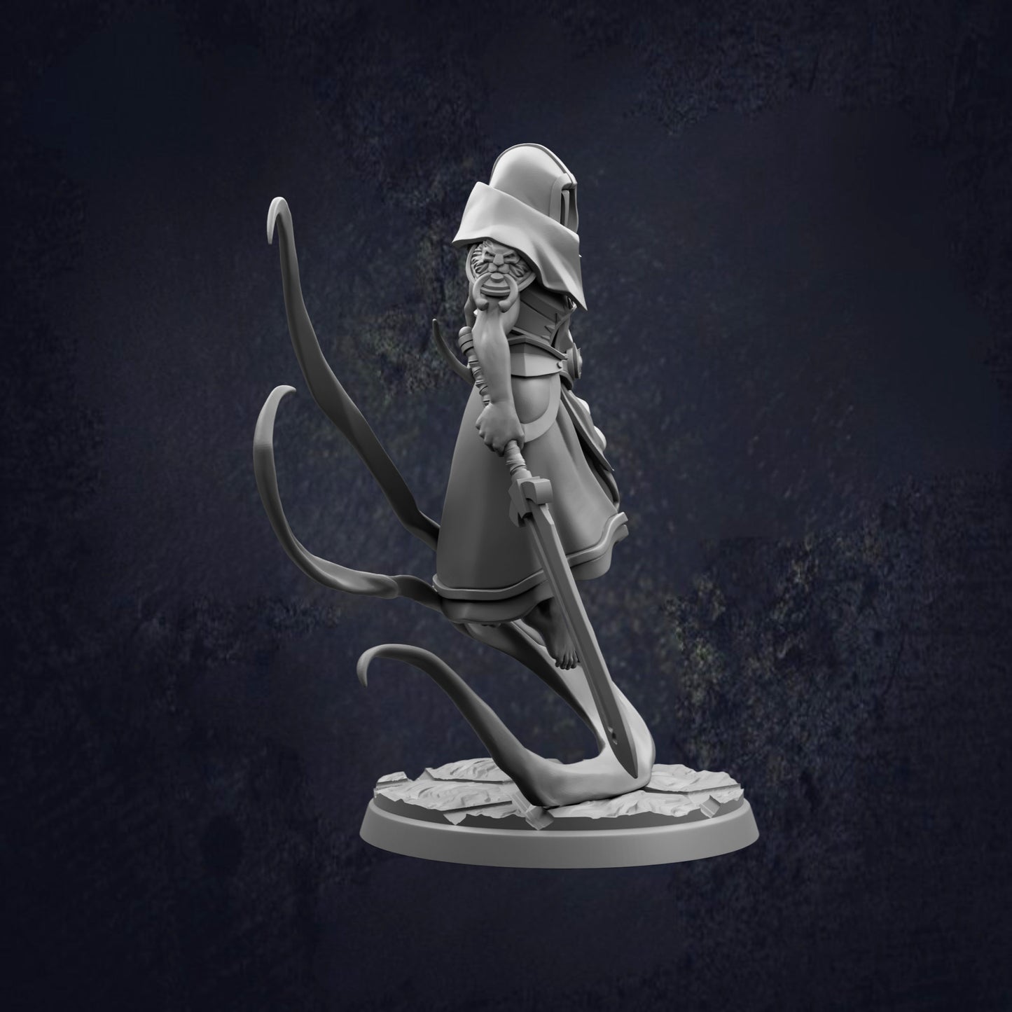 A 3D model of a character with a pointed hat and a long, flowing cape, holding a sword and standing on a rock.