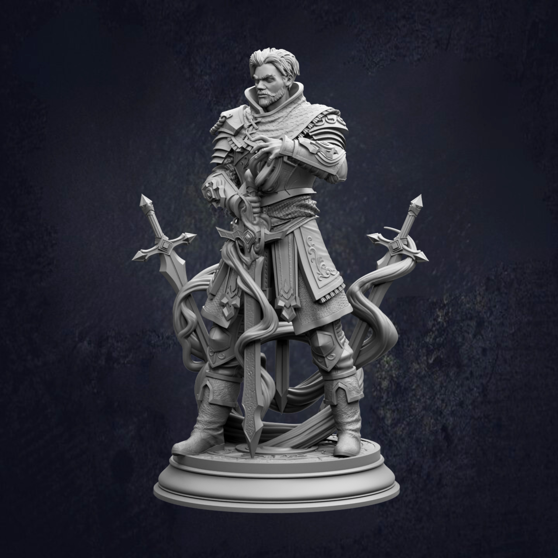 A detailed 3D model of a knight figure, standing on a pedestal and holding a sword in each hand.