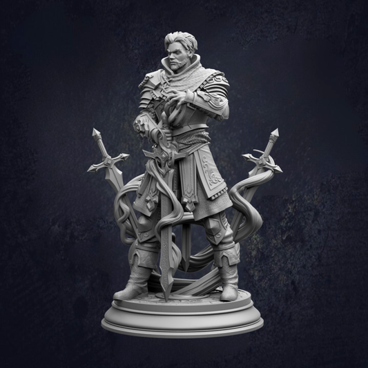 A detailed 3D model of a knight figure, standing on a pedestal and holding a sword in each hand.