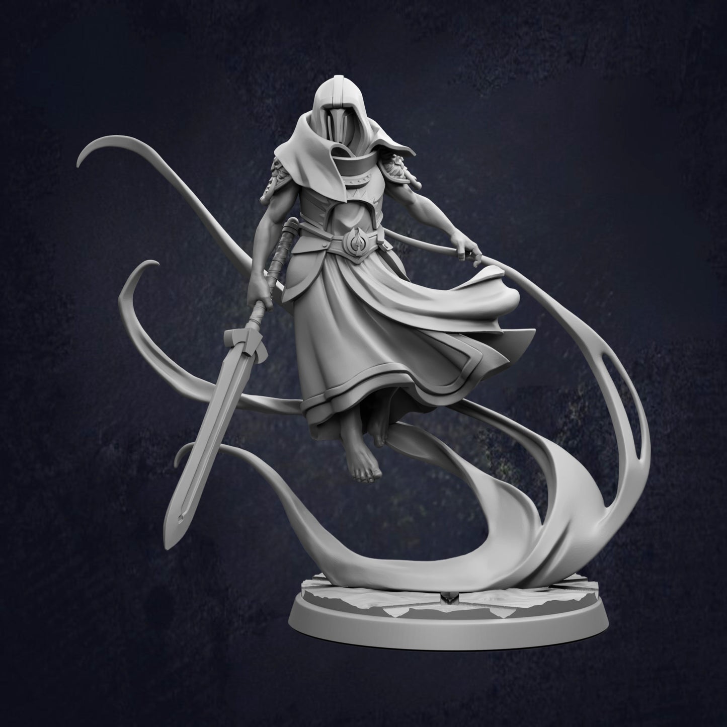 A 3D rendering of a figure holding a sword and shield, standing in a dynamic pose against a dark background.