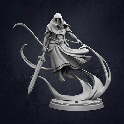 A 3D rendering of a figure holding a sword and shield, standing in a dynamic pose against a dark background.