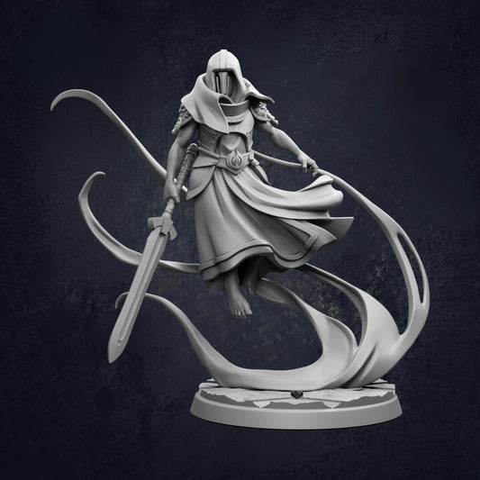 A 3D rendering of a figure holding a sword and shield, standing in a dynamic pose against a dark background.