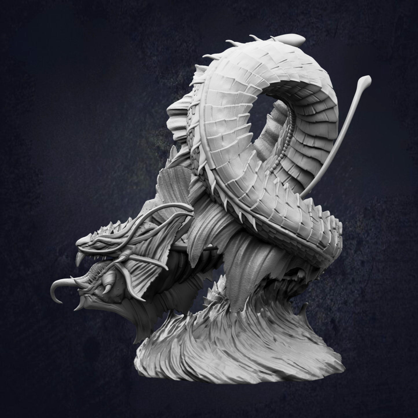 A detailed 3D model of a fantastical creature resembling a dragon or serpent, with intricate scales and a curled body.