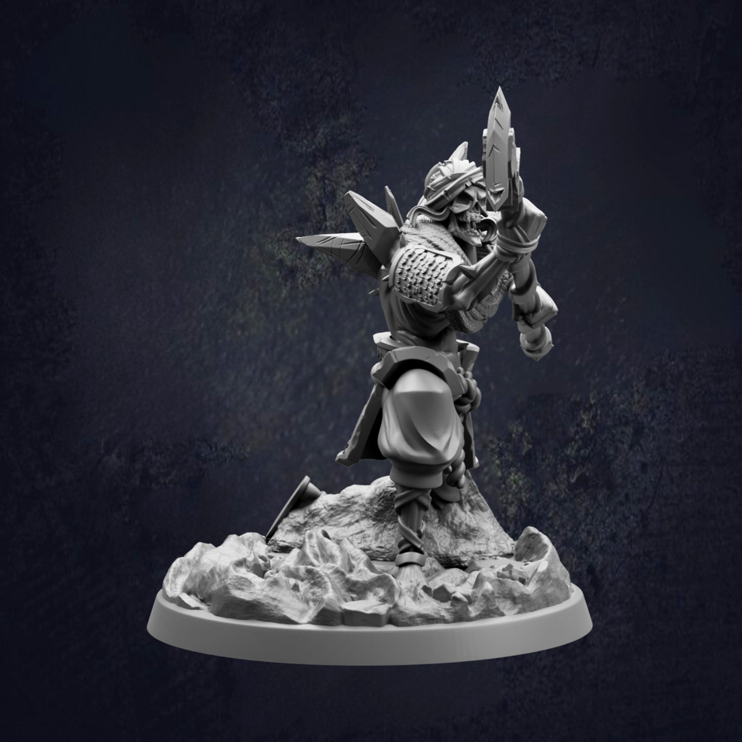 A detailed 3D model of a warrior figure, holding a sword and shield, standing on a rocky base against a dark background.