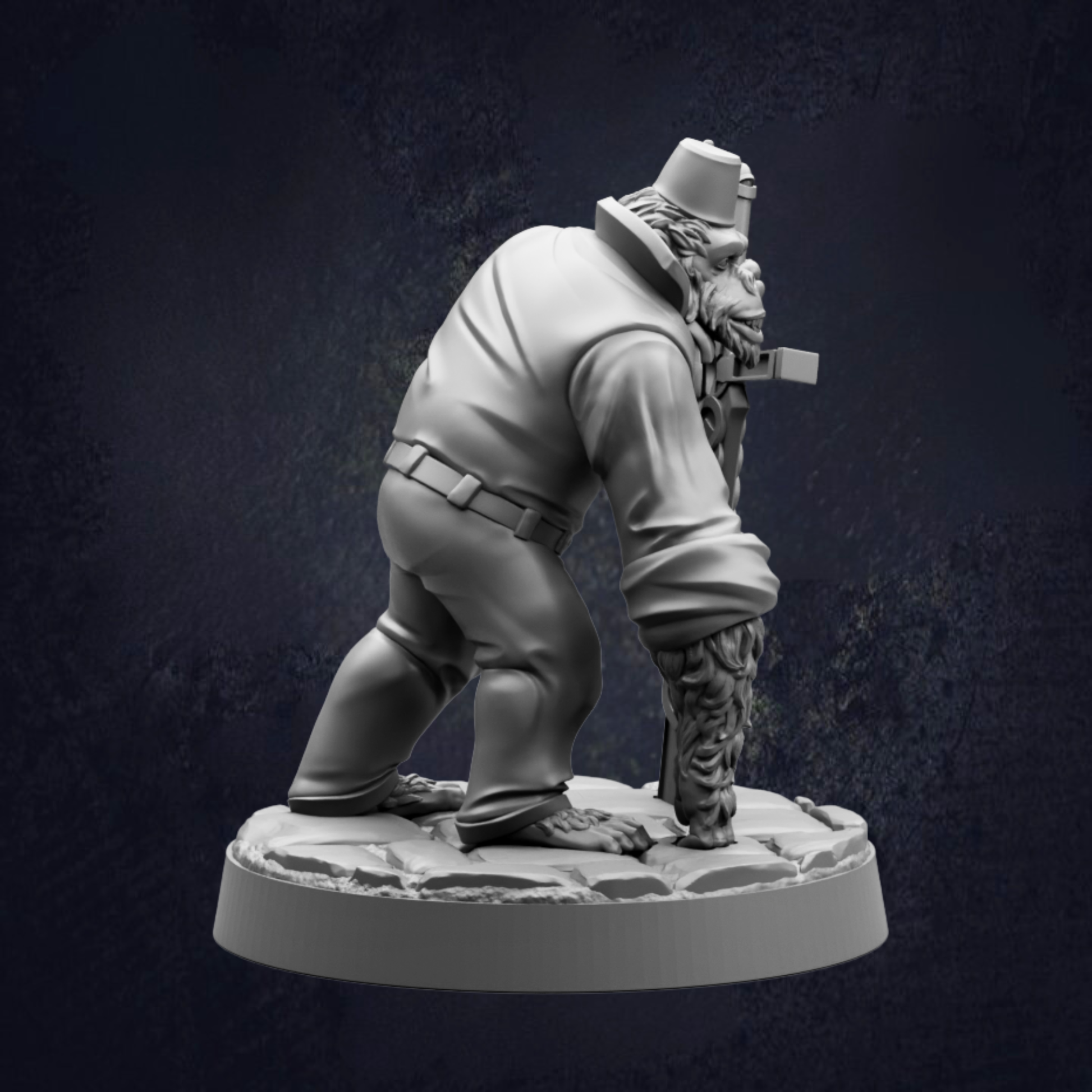 A 3D model of a monkey-like creature with a hat and a cane, standing on a platform against a dark background.