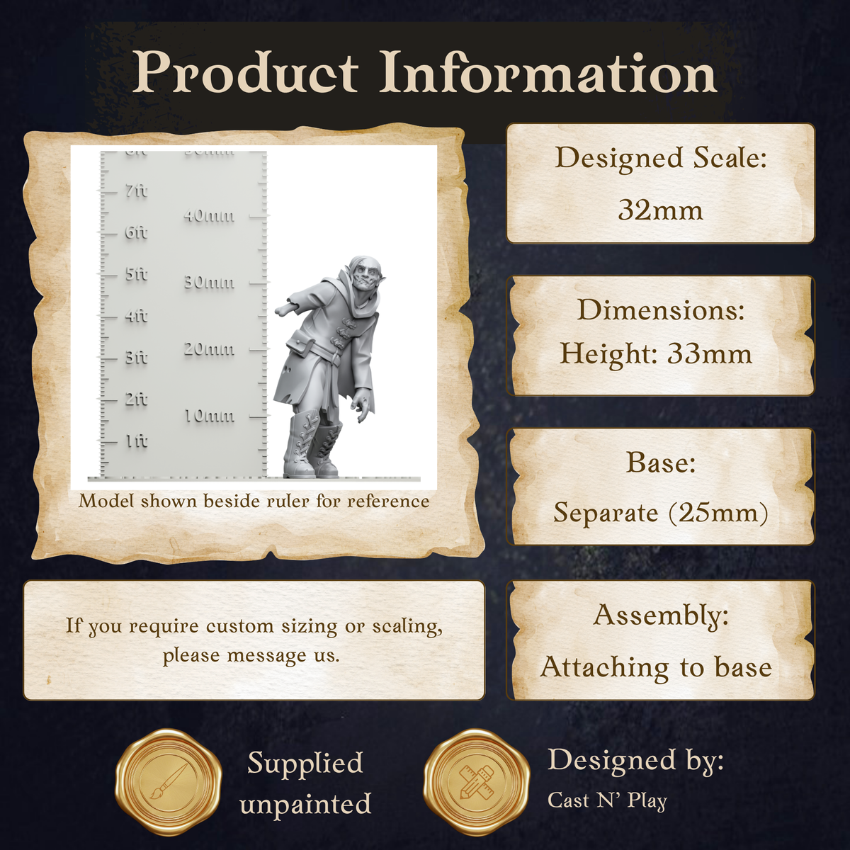 The image is a product information graphic that provides details about a model, including its dimensions, base, and assembly instructions.