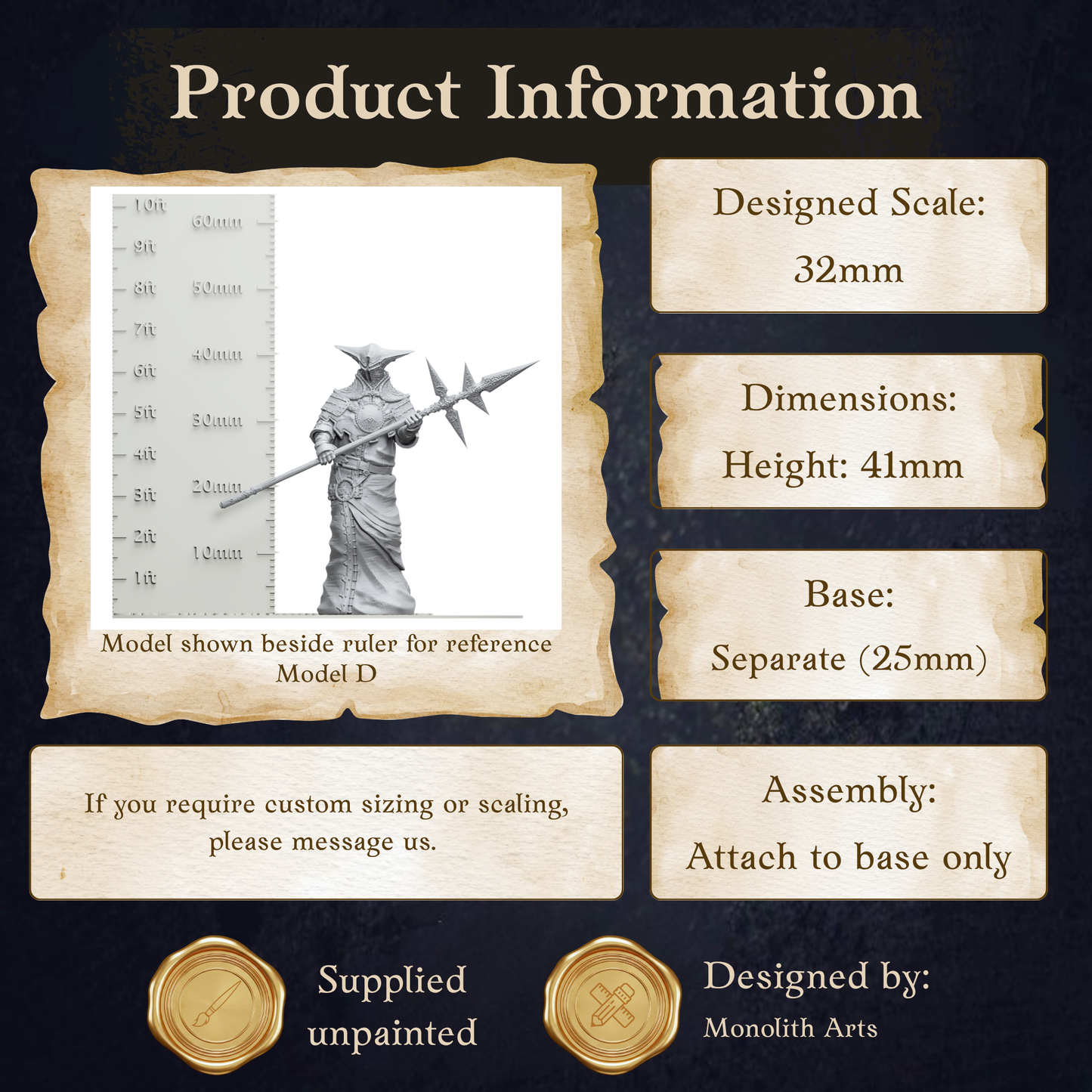 The image is a product information display featuring a model shown beside a ruler for reference. The model is Model D, and the dimensions are height: 41mm and base: 25mm. The display includes information about the product's design, assembly instructions, and the company responsible for the product.