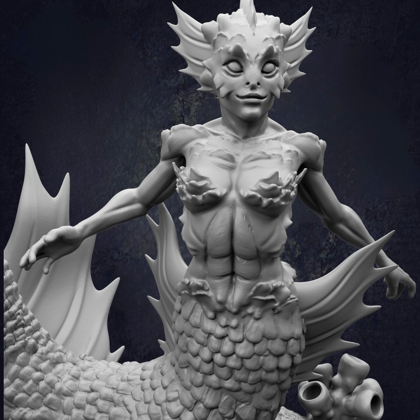 A detailed, sculpted statue of a mermaid or sea creature with intricate, textured features and a fierce expression.
