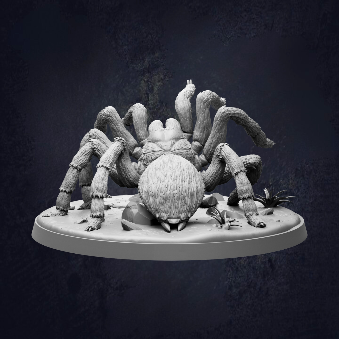A detailed 3D model of a large spider with multiple legs and a round head, set against a dark background.