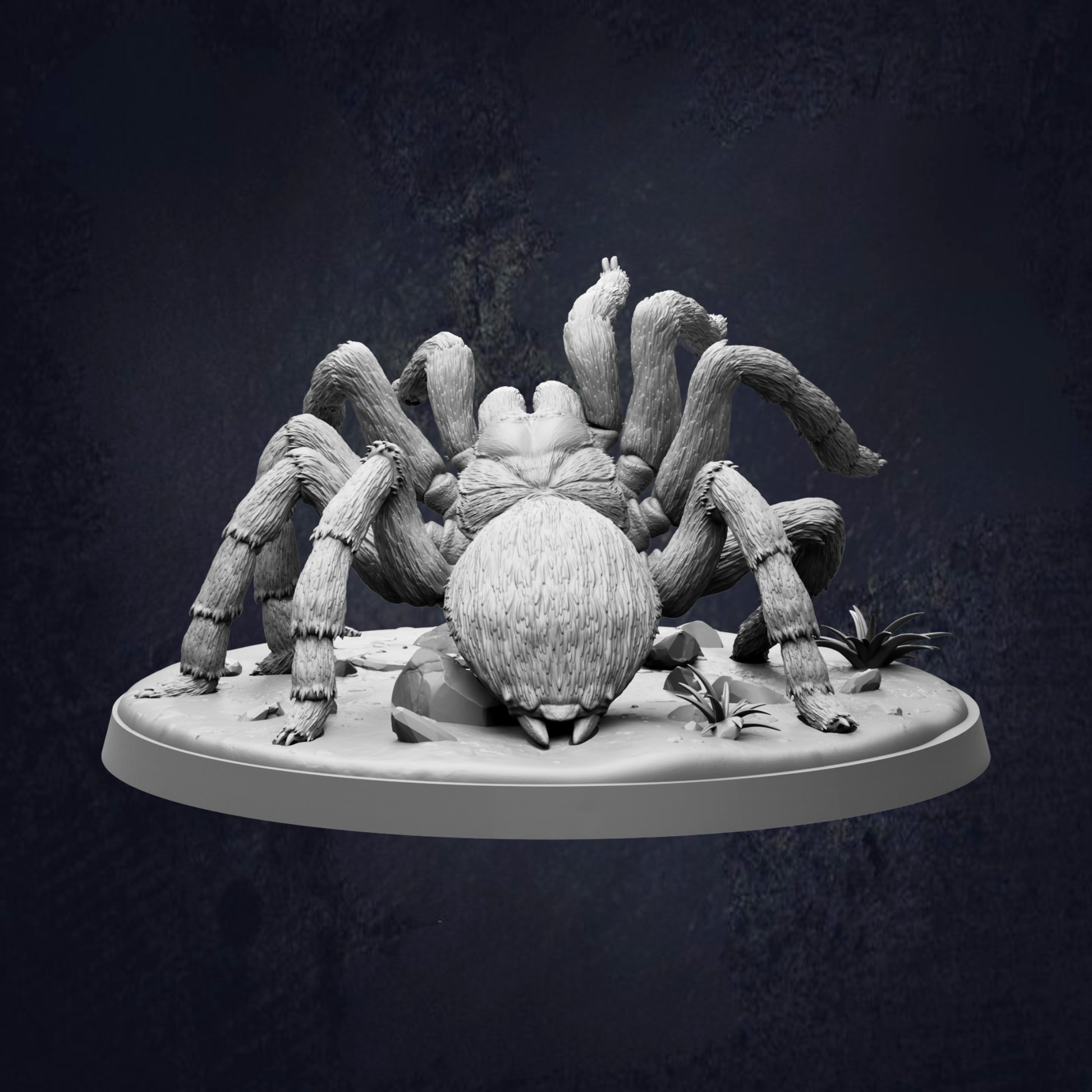 A detailed 3D model of a large spider with multiple legs and a round head, set against a dark background.