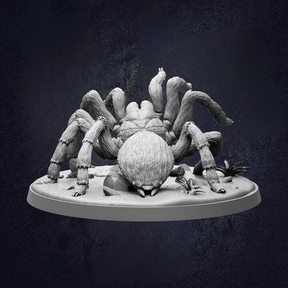 A detailed 3D model of a large spider with multiple legs and a round head, set against a dark background.