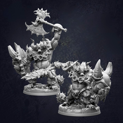 two detailed, 3D-rendered fantasy minifigures, each holding various weapons and standing on platforms. The minifigures are set against a dark background, emphasizing their intricate designs and the complexity of their poses.