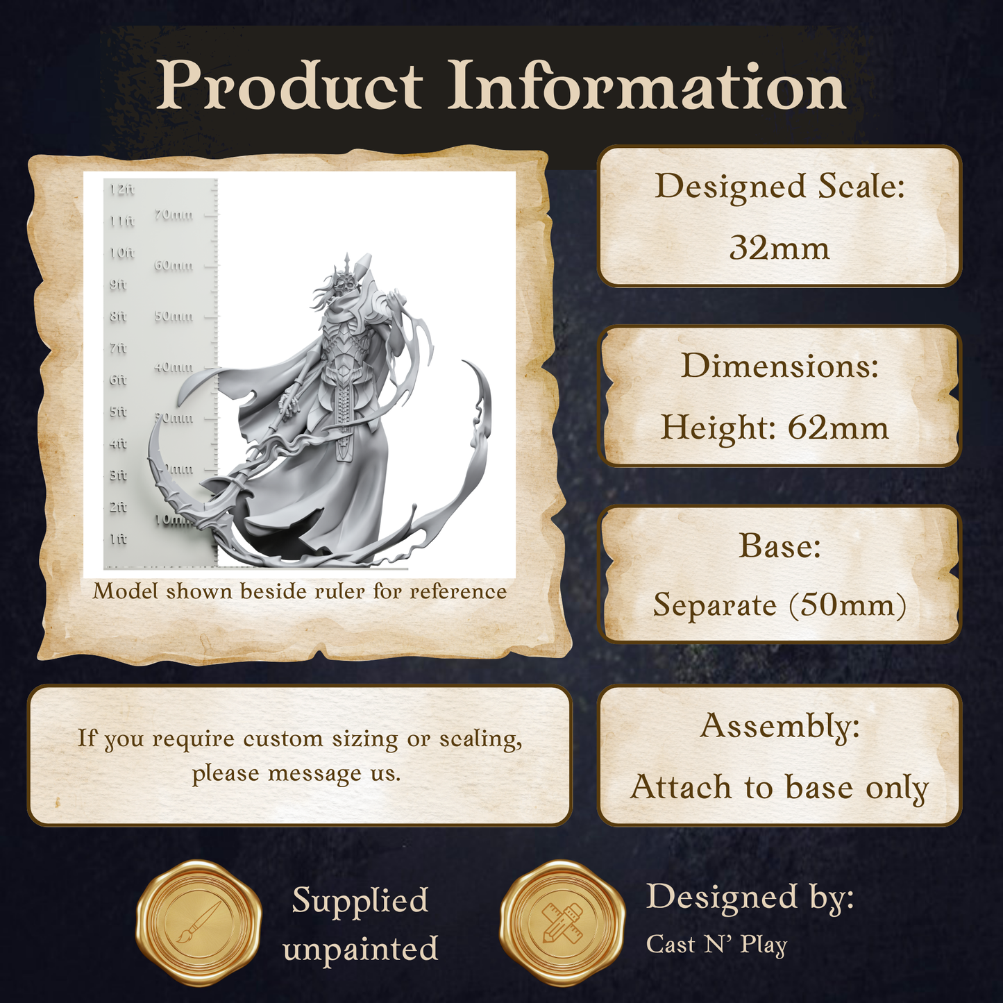 The image is a product information graphic that provides details about a model, including its dimensions, height, base, and assembly instructions.