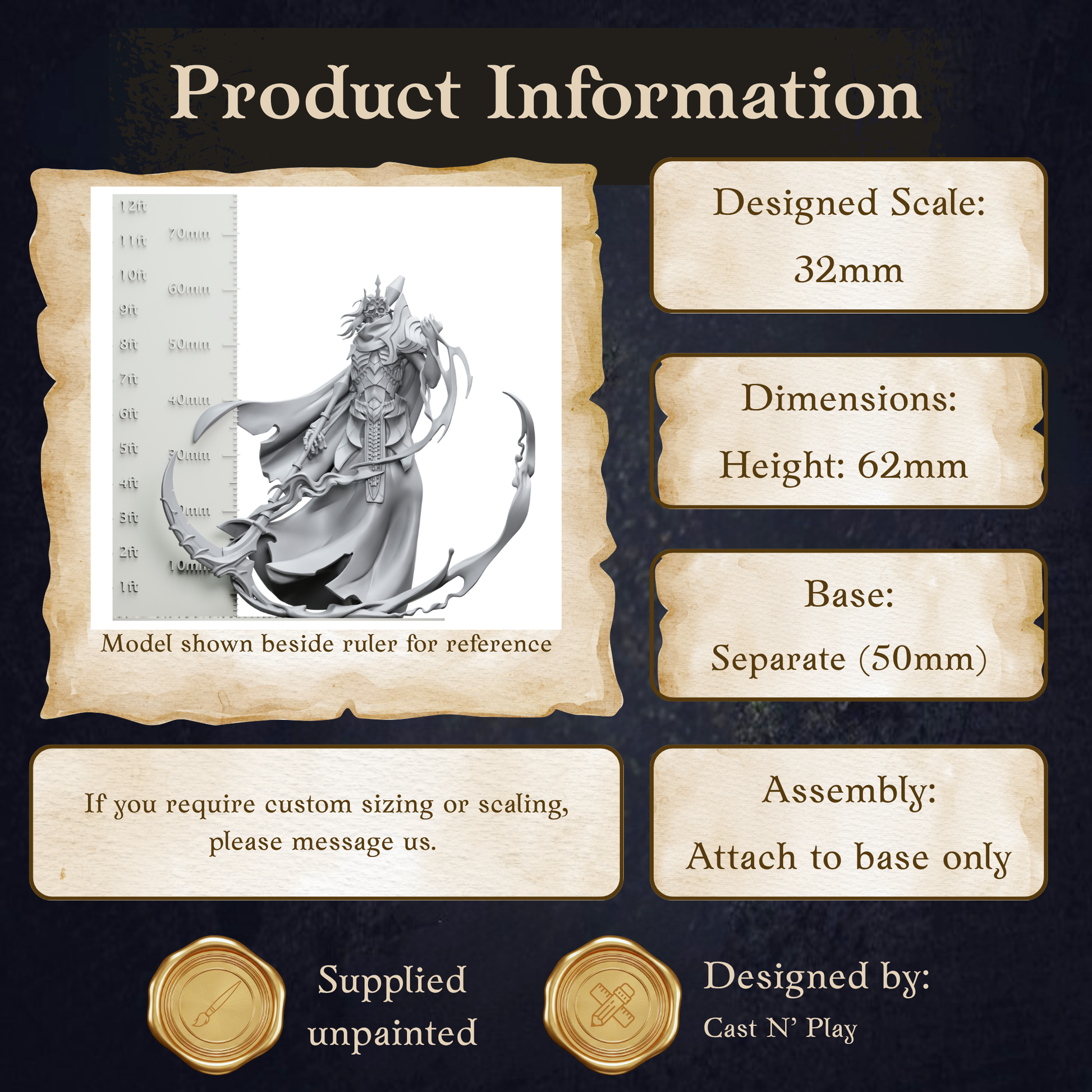 The image is a product information graphic that provides details about a model, including its dimensions, height, base, and assembly instructions.