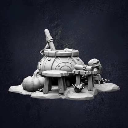 A 3D rendering of a fantasy-style object resembling a cauldron or pot, with various decorative elements such as a skull, pumpkin, and other natural elements.