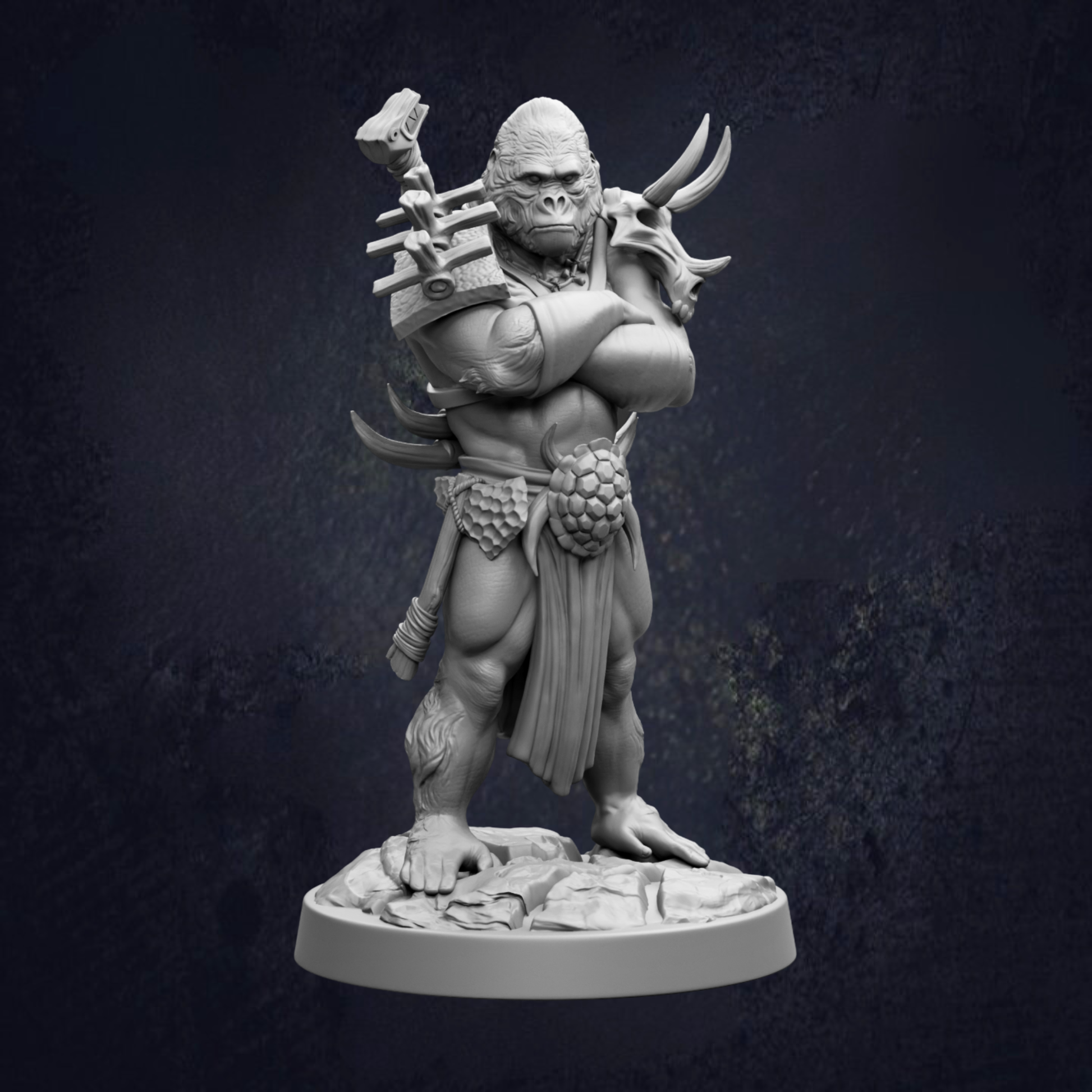 A 3D model of a fierce-looking gorilla-like creature with a muscular build, holding a weapon and standing on a rock.