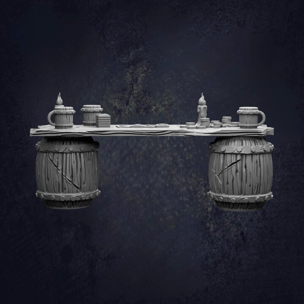 A 3D rendering of a wooden barrel with a cup on top, suspended in mid-air against a dark background.