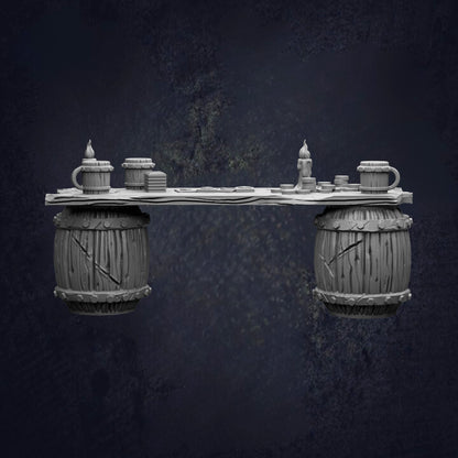 A 3D rendering of a wooden barrel with a cup on top, suspended in mid-air against a dark background.