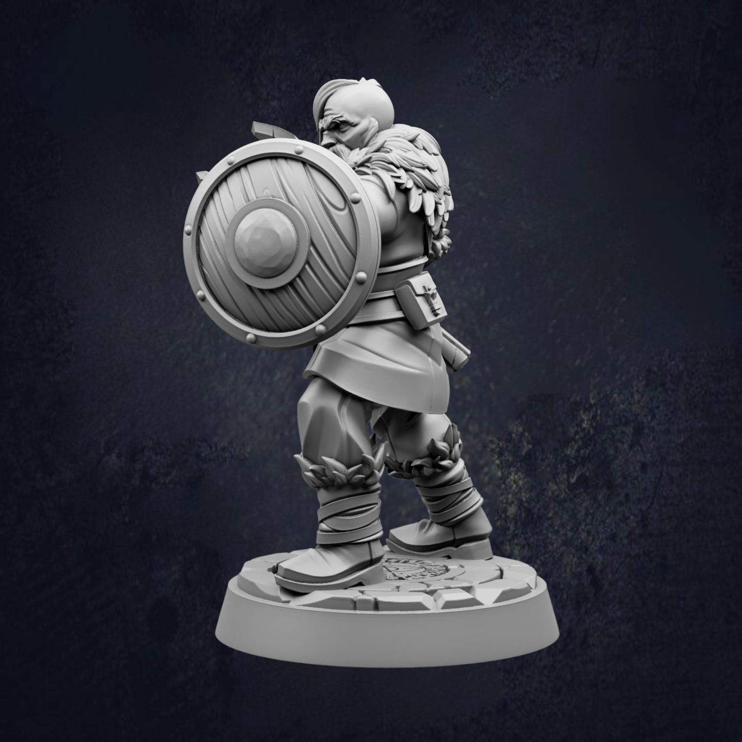 A 3D model of a warrior figure holding a shield and sword, standing on a base.