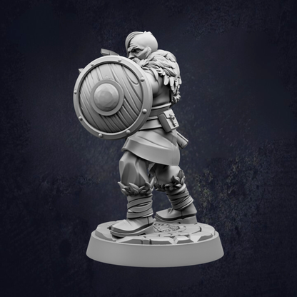 A 3D model of a warrior figure holding a shield and sword, standing on a base.