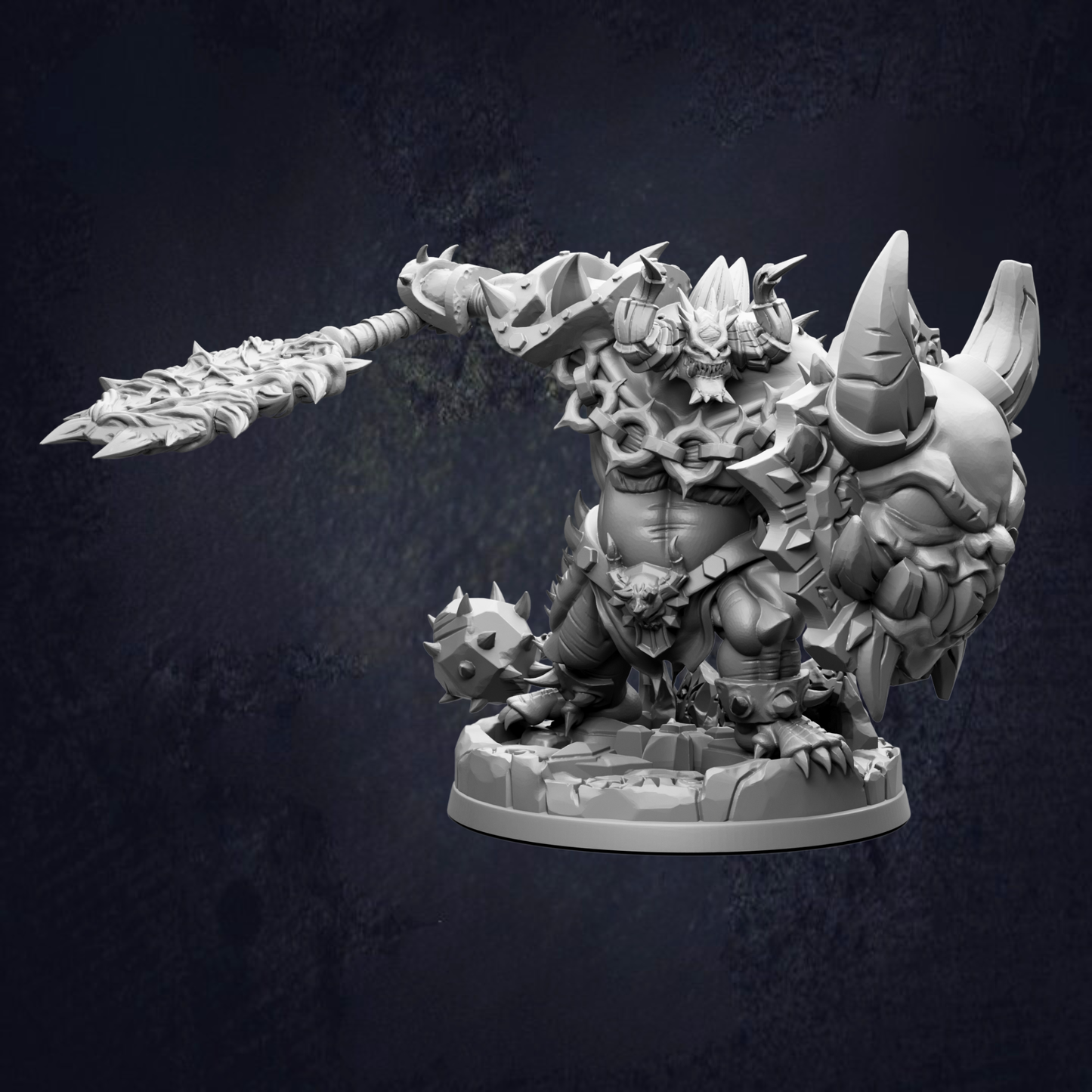 A detailed 3D model of a fantastical creature, possibly a monster or dragon, with sharp teeth and claws, and a large weapon in its hand.