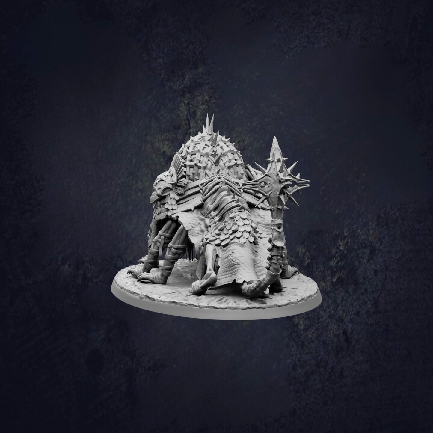 A detailed 3D model of a fantastical creature, possibly a dragon or serpent, with spikes and a textured body, set against a dark background.
