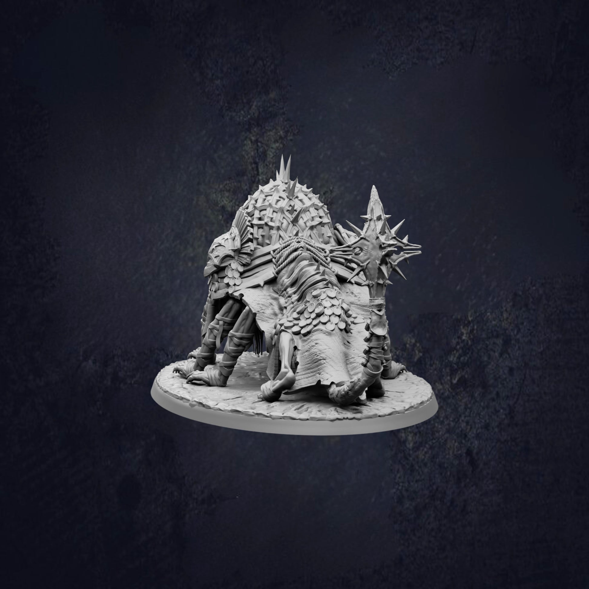 A detailed 3D model of a fantastical creature, possibly a dragon or serpent, with spikes and a textured body, set against a dark background.