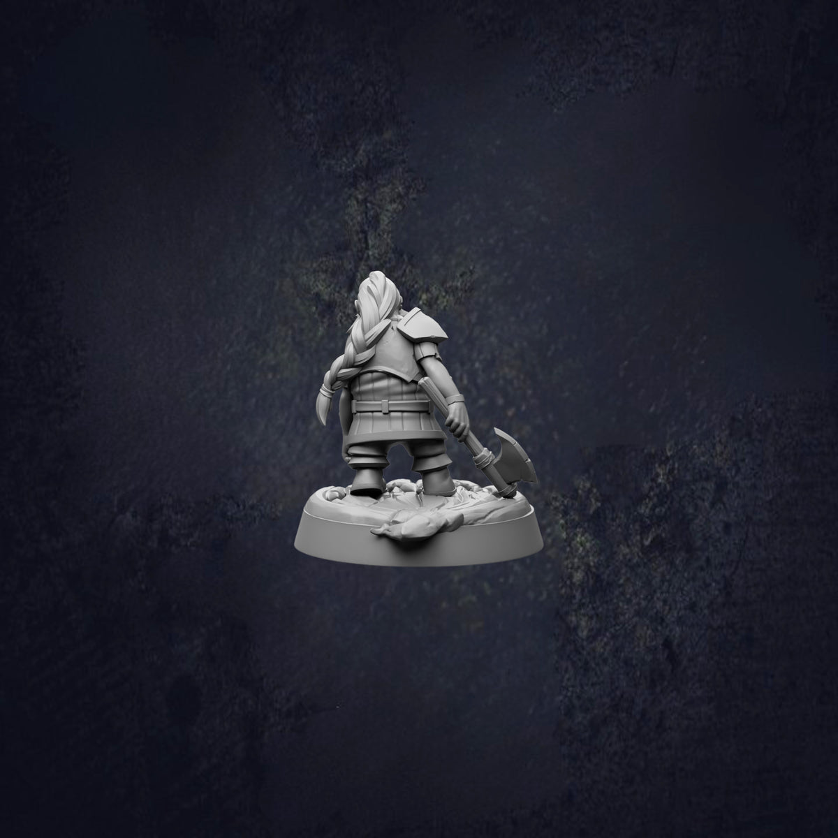 A 3D model of a dwarf warrior figure holding a weapon, standing on a base against a dark background.