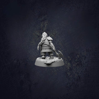 A 3D model of a dwarf warrior figure holding a weapon, standing on a base against a dark background.