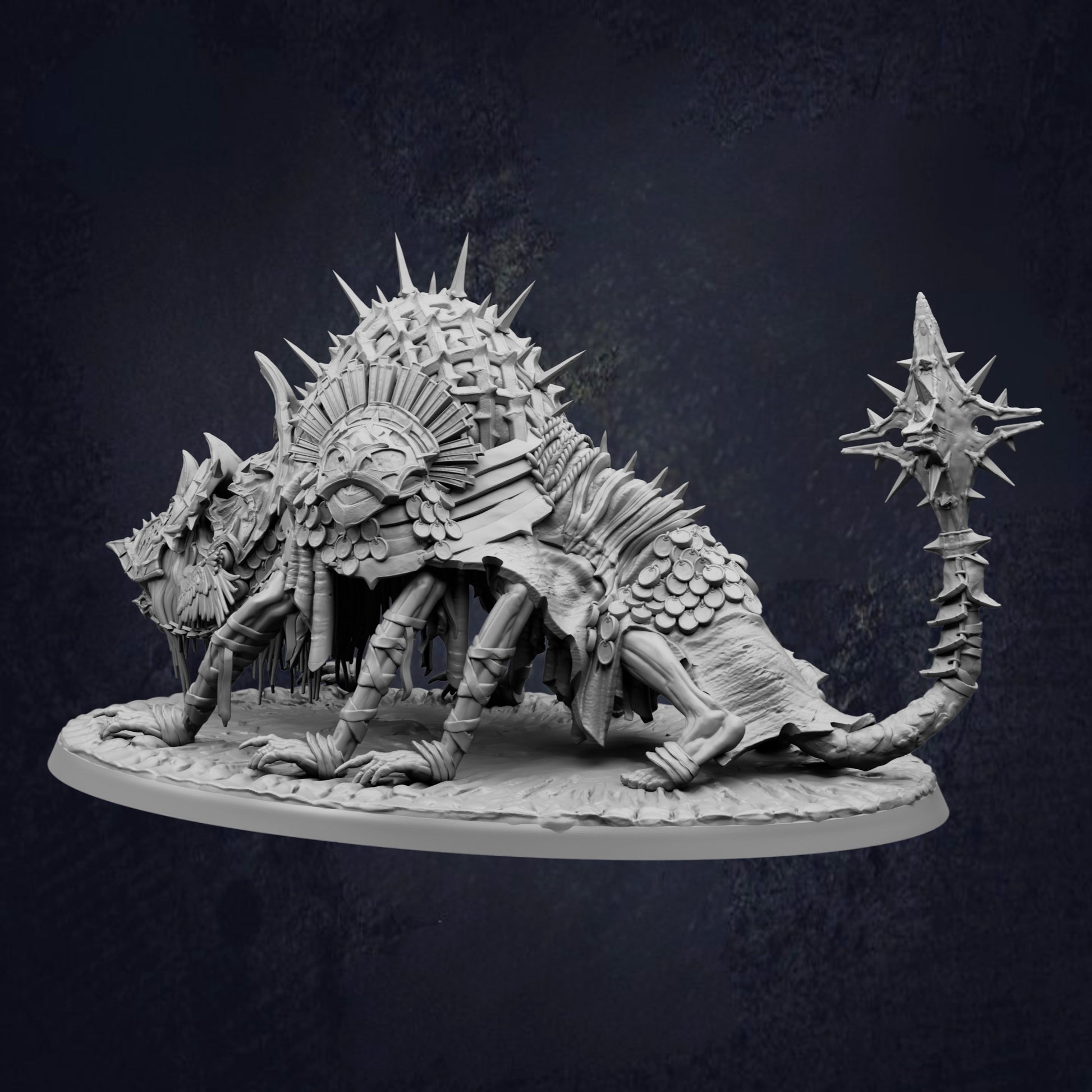 A detailed, intricate, and fantastical sculpture depicting a large, armored creature with spikes and a tail, set against a dark background.