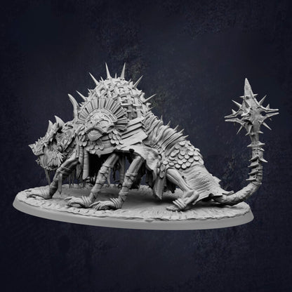 A detailed, intricate, and fantastical sculpture depicting a large, armored creature with spikes and a tail, set against a dark background.