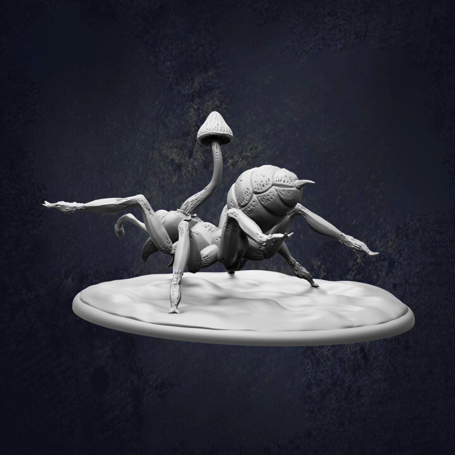 A 3D rendering of a spider-like creature with a mushroom-like body, standing on a white platform against a dark background.