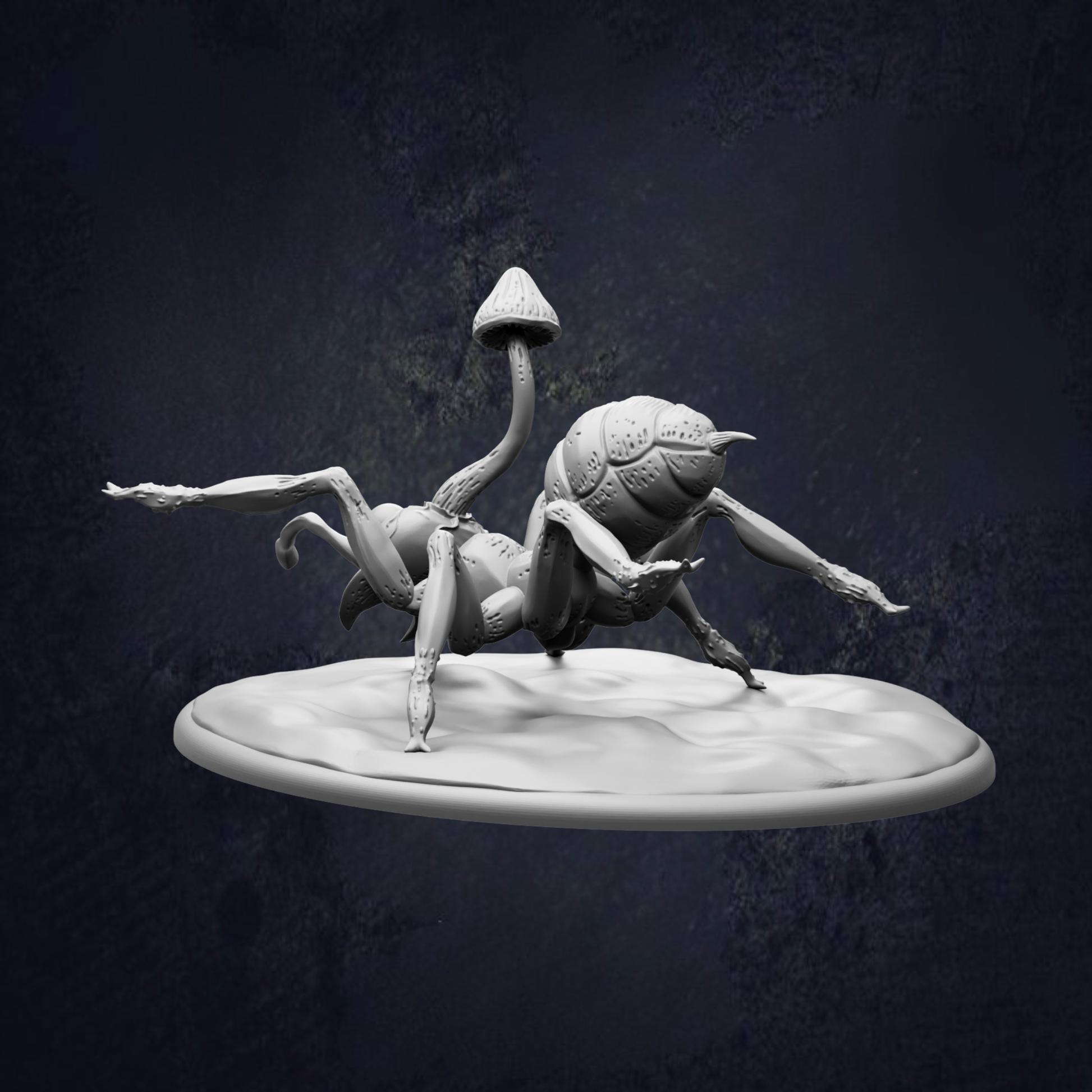 A 3D rendering of a spider-like creature with a mushroom-like body, standing on a white platform against a dark background.