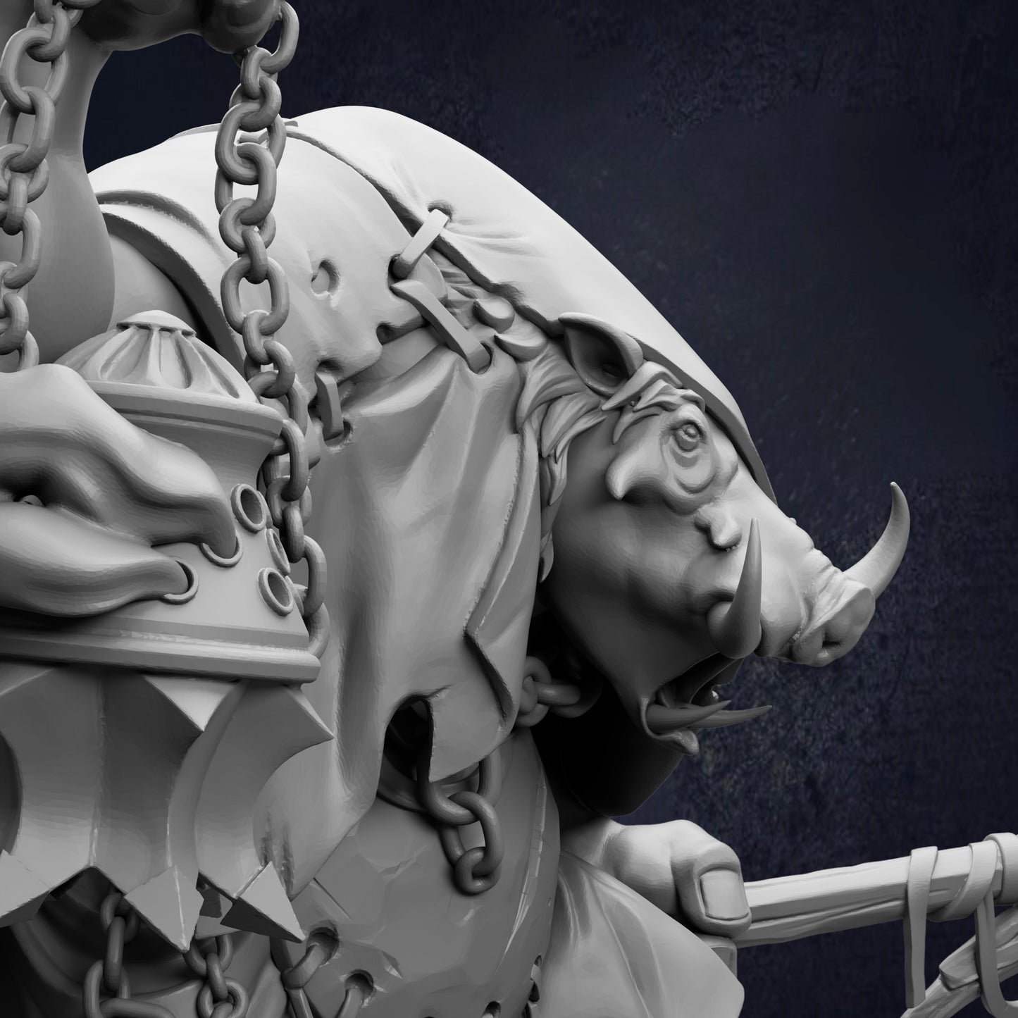 A detailed 3D rendering of a fantastical creature, possibly a mythical or magical being, with intricate details and a dark background.