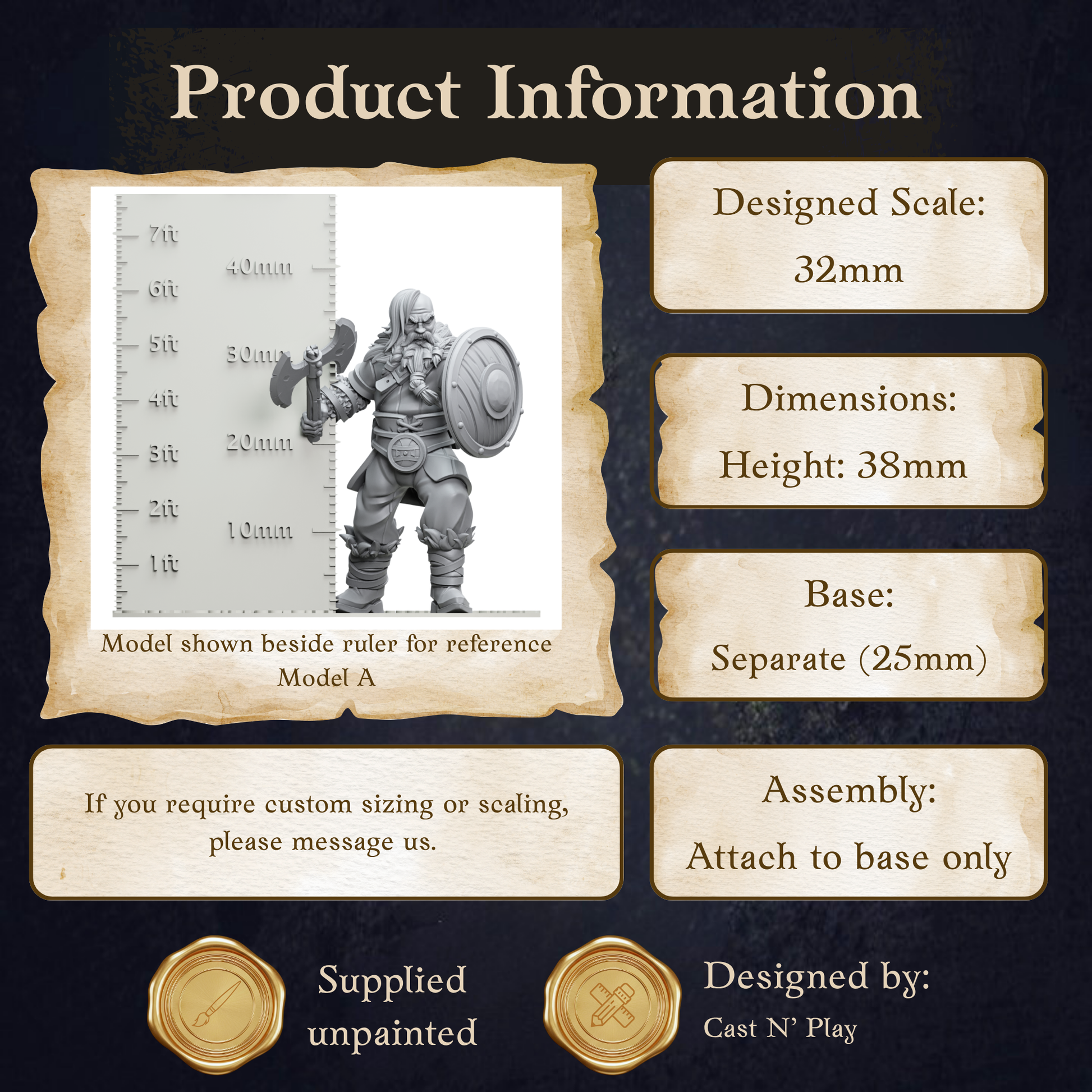 The image is a product information graphic for a model called "Model A". It includes dimensions, a base size, and assembly instructions. The product is designed by Cast N' Play.