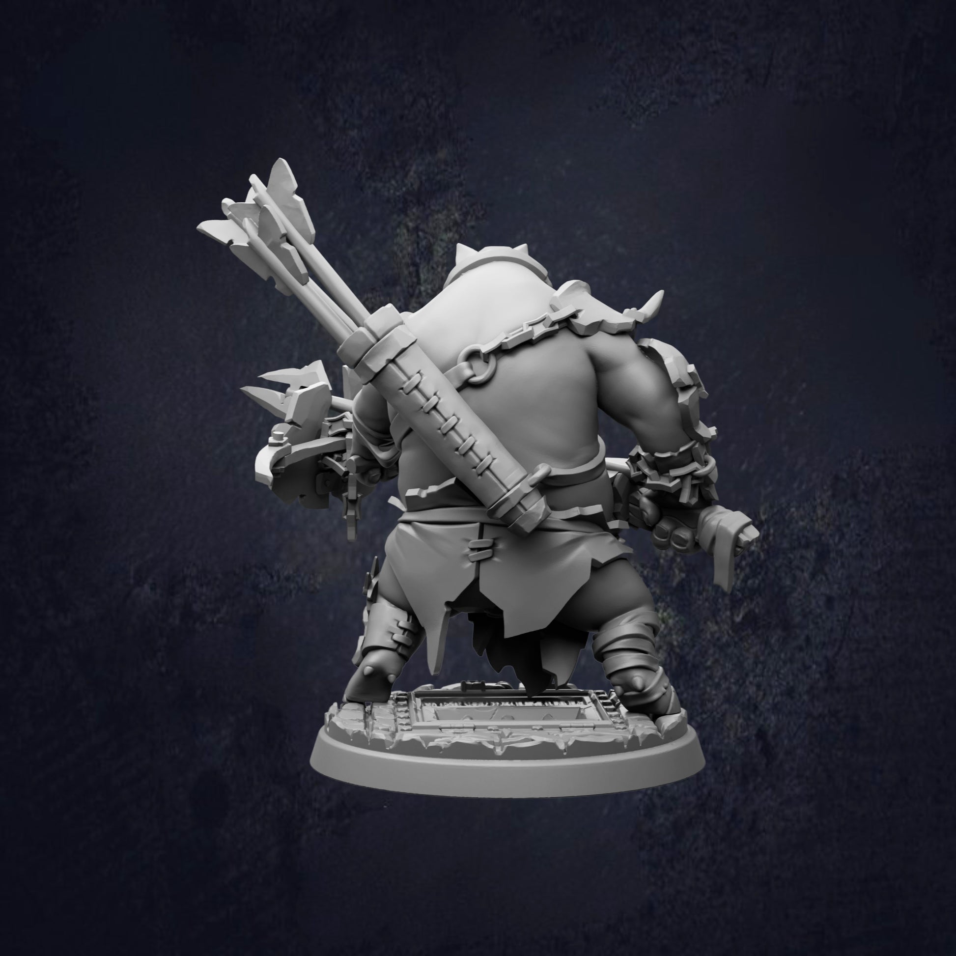 A 3D rendering of a heavily armored and armed character, likely a warrior or knight, standing in a defensive stance with various weapons and armor.