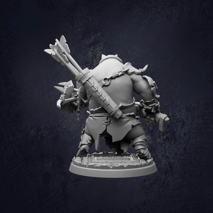 A 3D rendering of a heavily armored and armed character, likely a warrior or knight, standing in a defensive stance with various weapons and armor.