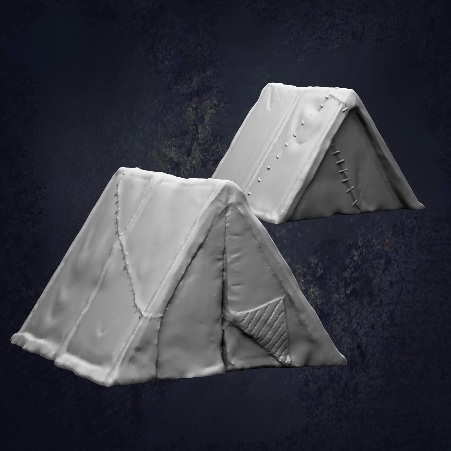 two white tents with visible stitching and fabric details, set against a dark background.