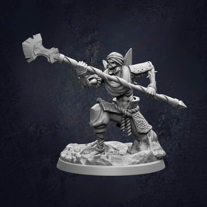 A detailed 3D model of a warrior figure wielding a spear and shield, standing on a rocky base against a dark background.
