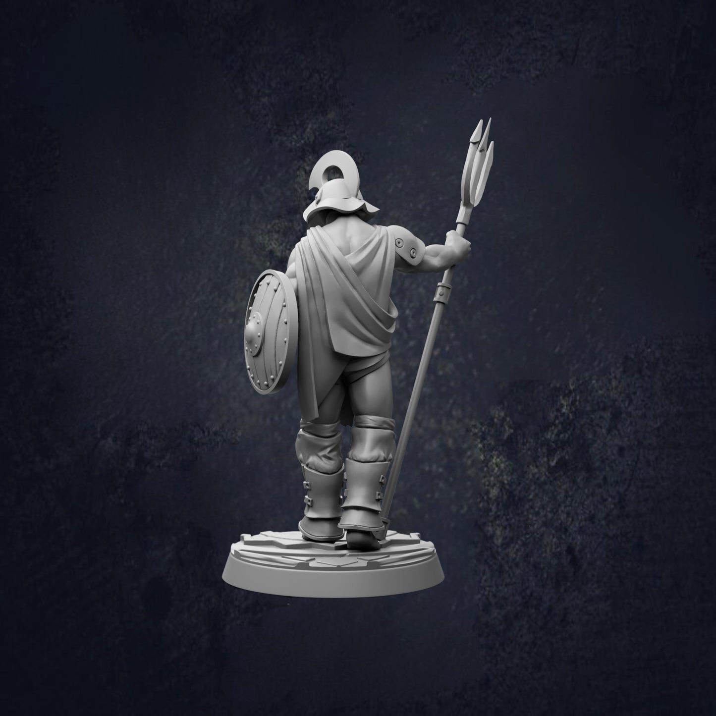 A 3D model of a warrior figure holding a shield and spear, standing in a dark environment.