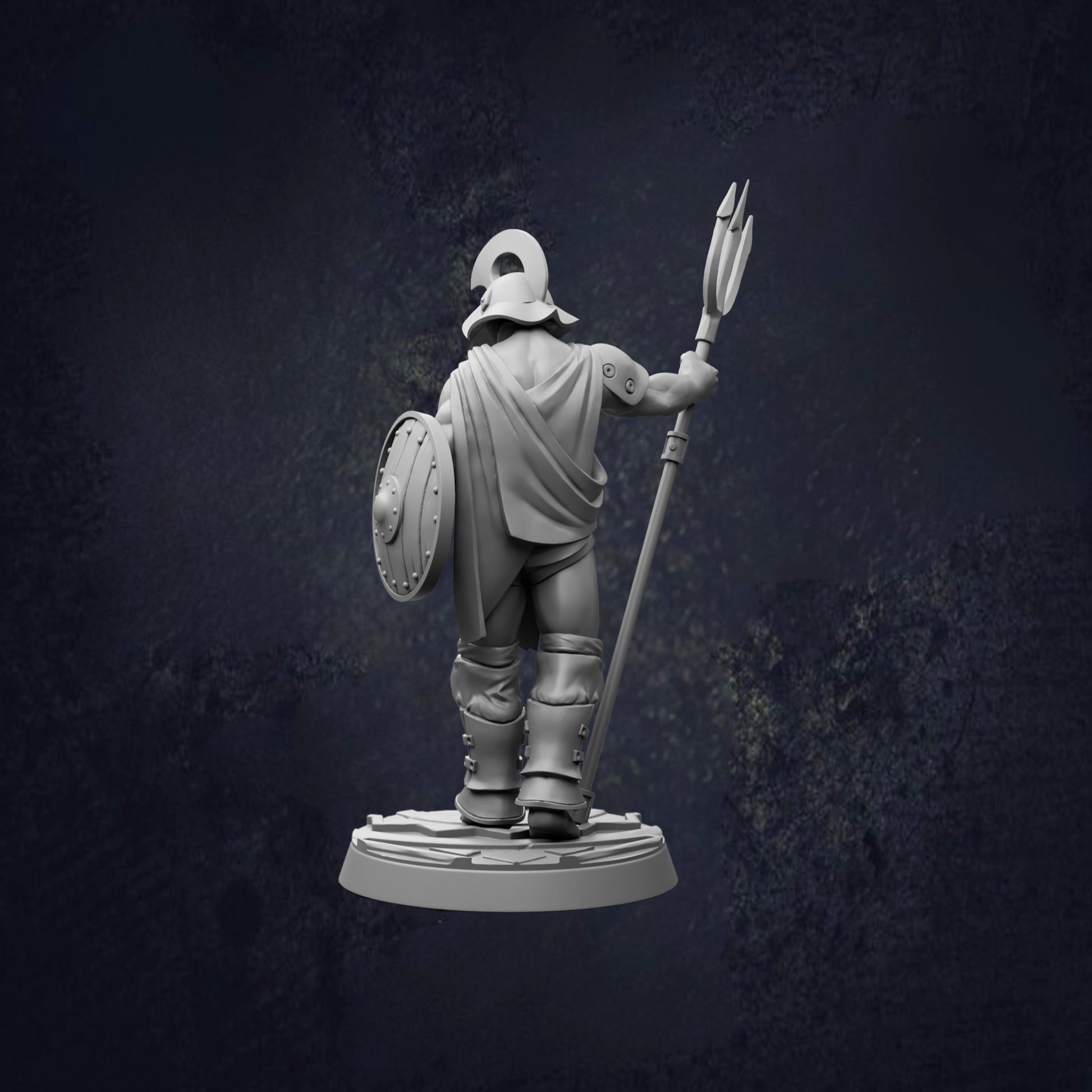 A 3D model of a warrior figure holding a shield and spear, standing in a dark environment.