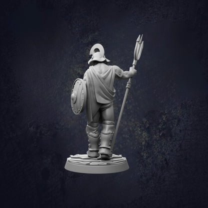 A 3D model of a warrior figure holding a shield and spear, standing in a dark environment.