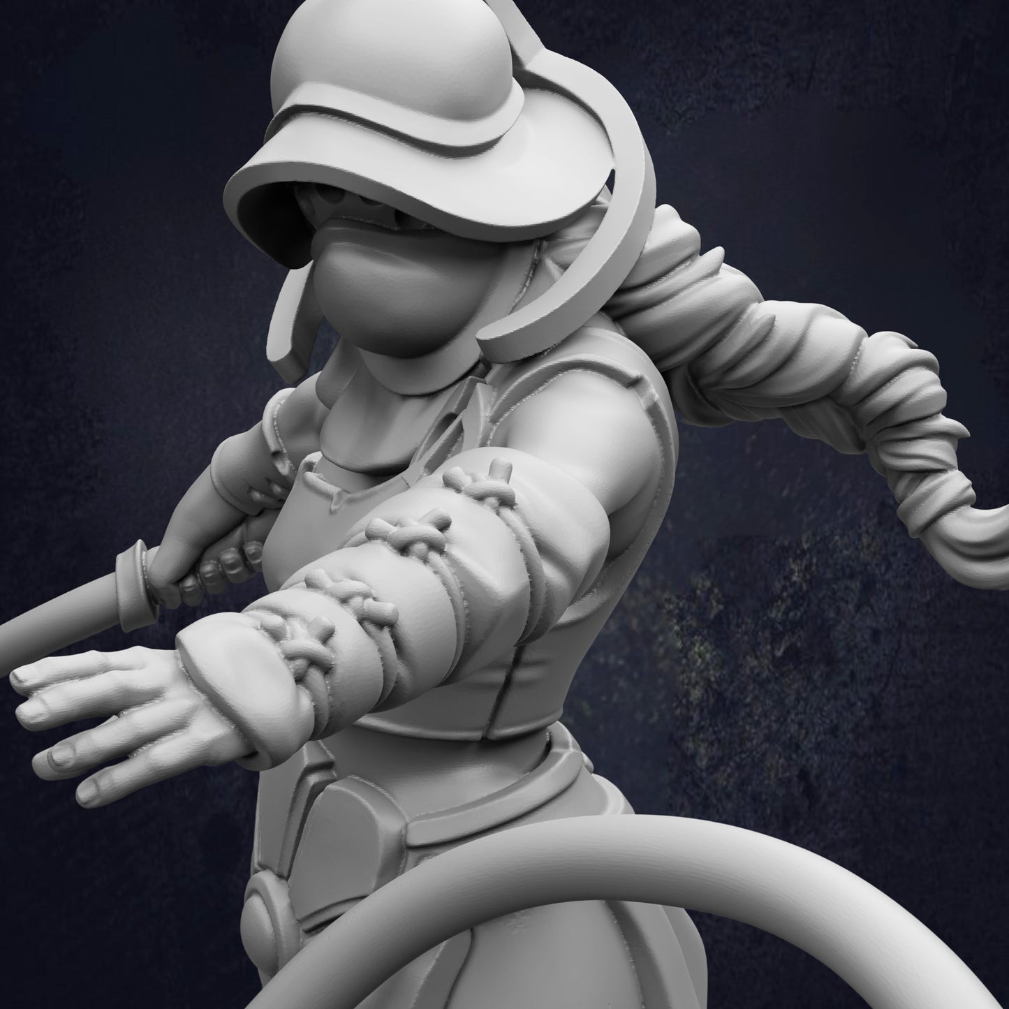 A detailed 3D rendering of a female character in medieval armor, with a helmet and a sword in her hands.